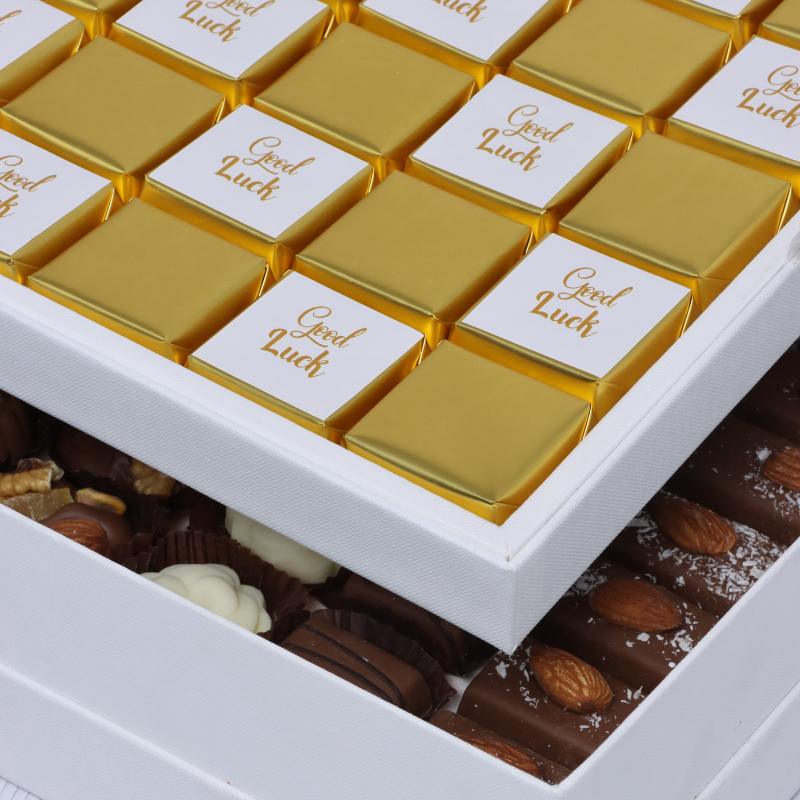 "GOOD LUCK" GOLD DESIGNED 2-LAYER PREMIUM CHOCOLATE HARD BOX