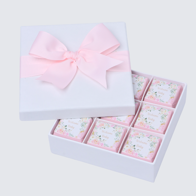 WELCOME BABY GIRL FLOWER DESIGNED 9-PIECE CHOCOLATE HARD BOX