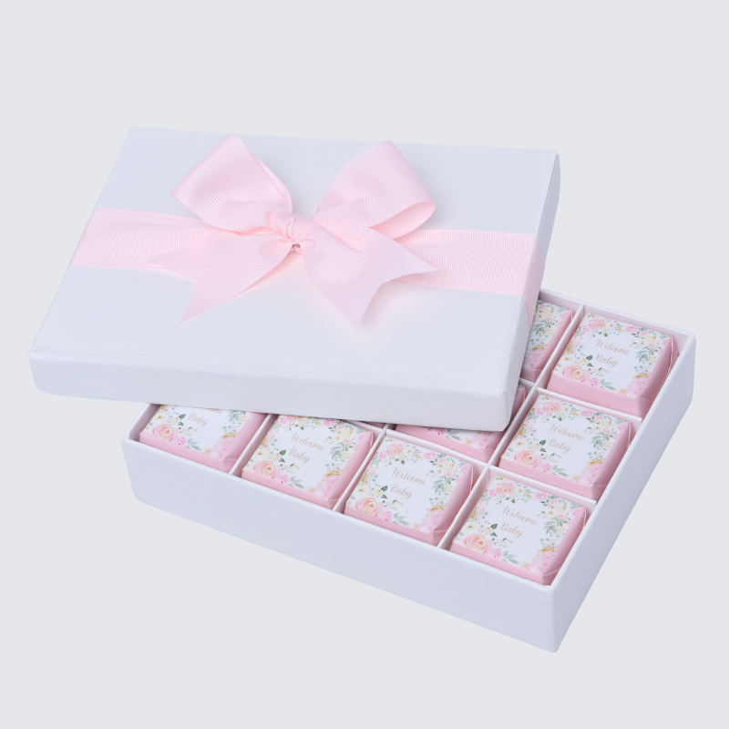 WELCOME BABY GIRL FLOWER DESIGNED 12-PIECE CHOCOLATE HARD BOX