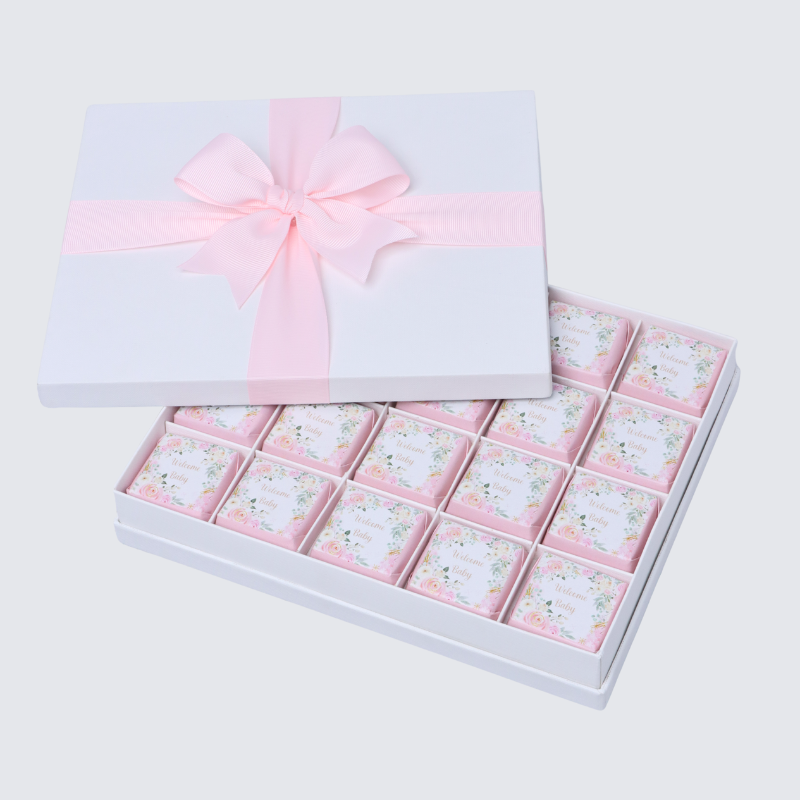 WELCOME BABY GIRL FLOWER DESIGNED 20-PIECE CHOCOLATE HARD BOX