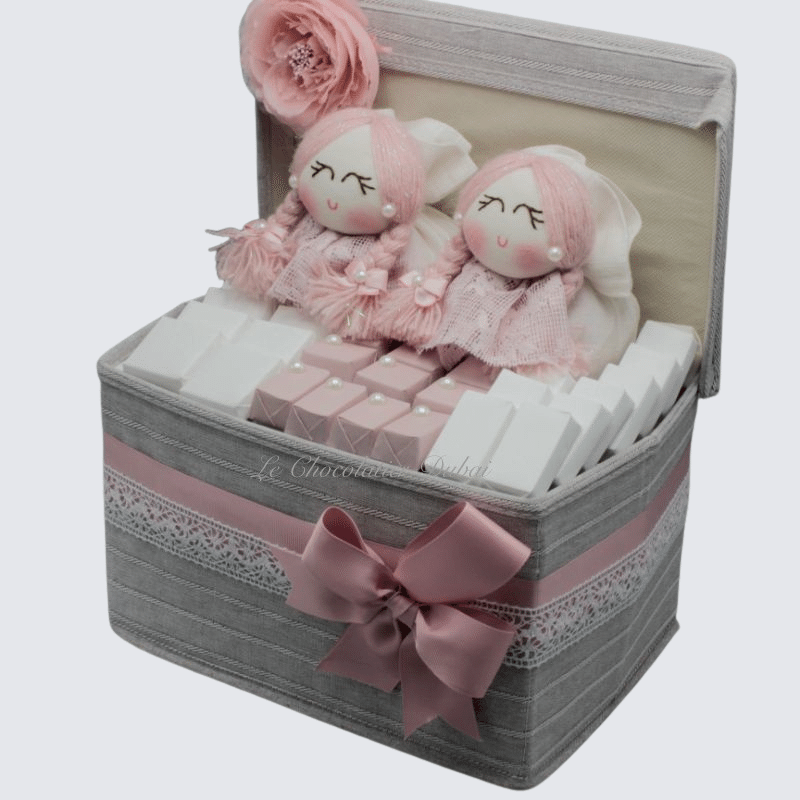 VINTAGE DOLLS BABY GIRL CHOCOLATE FABRIC HAMPER