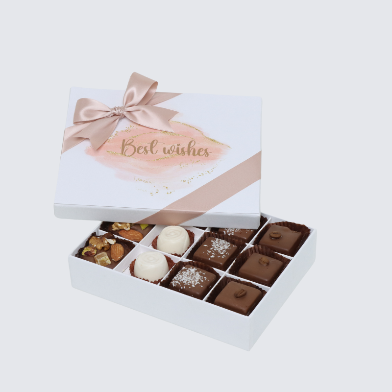 "BEST WISHES" STAIN DESIGNED 12-PIECE CHOCOLATE HARD BOX