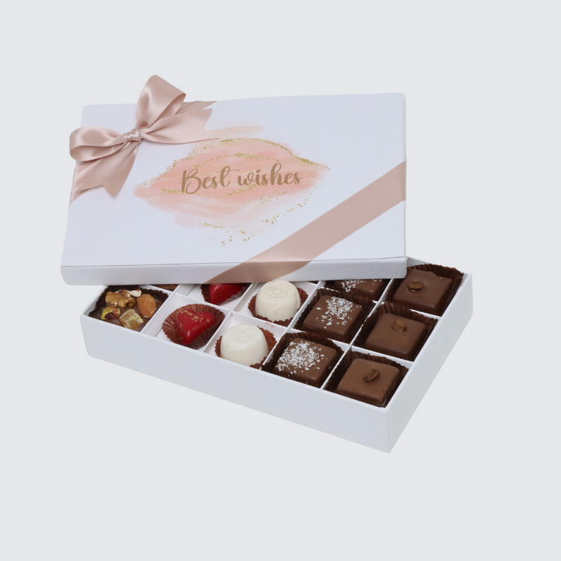 "BEST WISHES" STAIN DESIGNED 15-PIECE CHOCOLATE HARD BOX