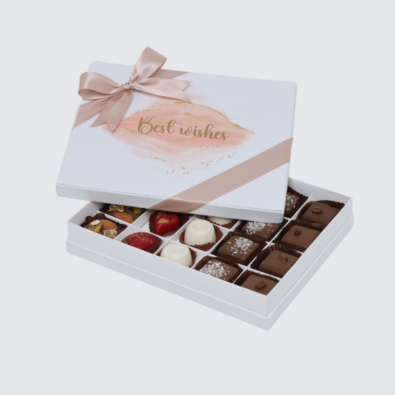 "BEST WISHES" STAIN DESIGNED 20-PIECE CHOCOLATE HARD BOX