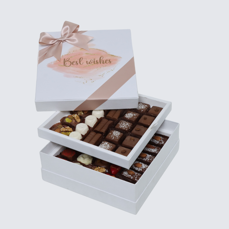 "BEST WISHES" STAIN DESIGNED 2-LAYER CHOCOLATE HARD BOX