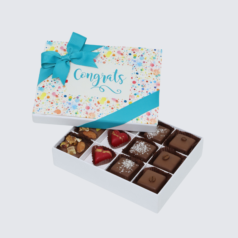 "CONGRATS" COLORED BUBBLE DESIGNED 12-PIECE CHOCOLATE HARD BOX