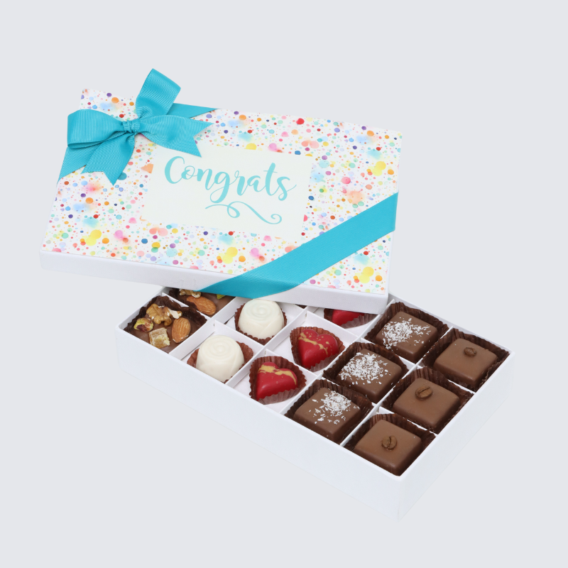 "CONGRATS" COLORED BUBBLE DESIGNED 15-PIECE CHOCOLATE HARD BOX