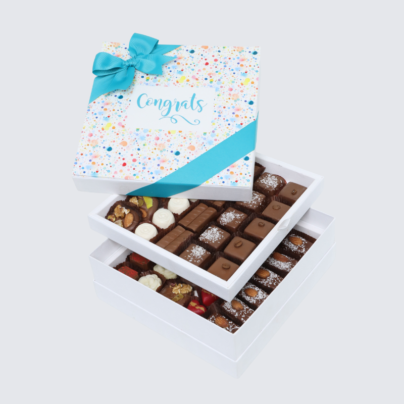 "CONGRATS" COLORED BUBBLE DESIGNED 2-LAYER CHOCOLATE HARD BOX