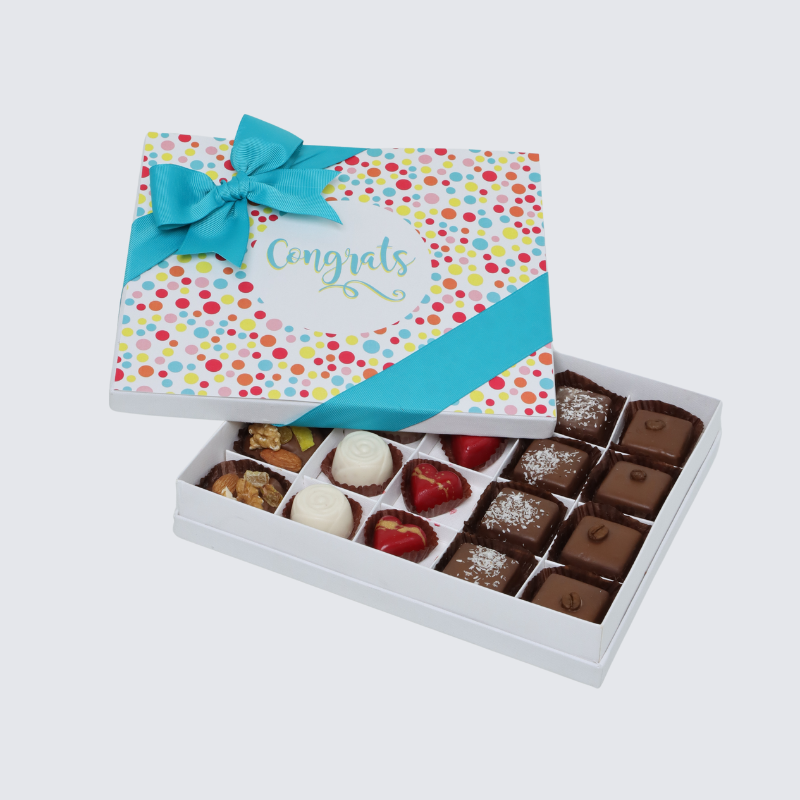 "CONGRATS" CIRCLE COLORED DESIGNED 20-PIECE CHOCOLATE HARD BOX