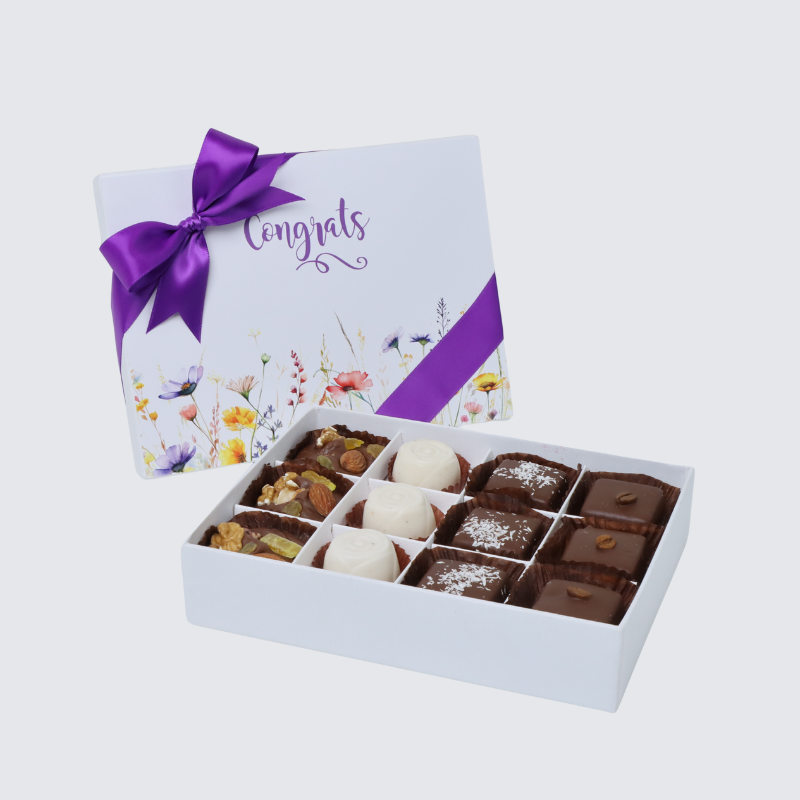 "CONGRATS" FLORAL DESIGNED 12-PIECE CHOCOLATE HARD BOX