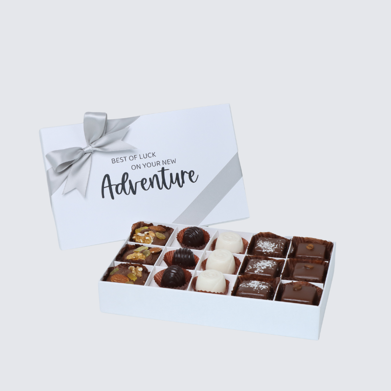 "GOOD LUCK ON YOUR NEW ADVENTURE" 15-PIECE CHOCOLATE HARD BOX