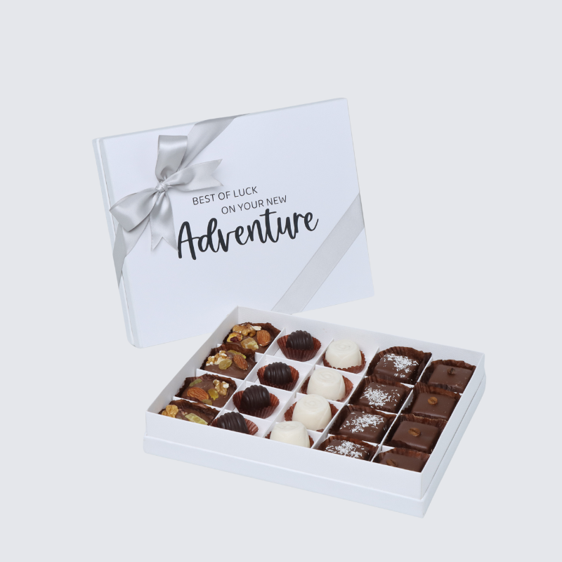 "GOOD LUCK ON YOUR NEW ADVENTURE"  20-PIECE CHOCOLATE HARD BOX