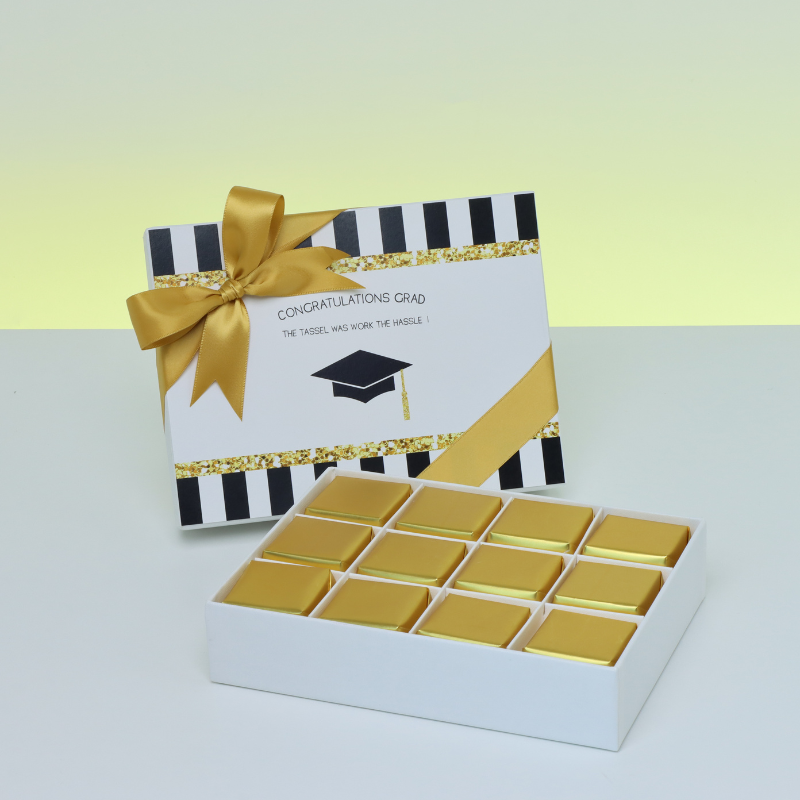 GRADUATION DESIGNED 12-PIECE CHOCOLATE HARD BOX WITH DESIGNED TOP CARD