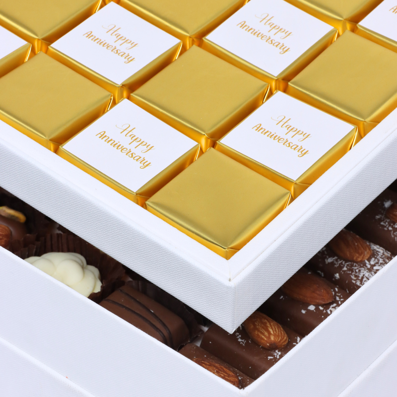 "HAPPY ANNIVERSARY" GOLD DESIGNED 2-LAYER CHOCOLATE HARD BOX