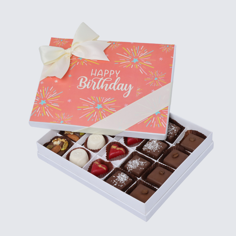 "HAPPY BIRTHDAY" FIREWORKS DESIGNED 20-PIECE CHOCOLATE HARD BOX