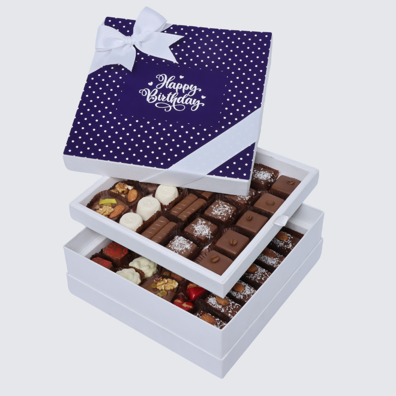 "HAPPY BIRTHDAY" NAVY BLUE POLKA DOT DESIGNED 2-LAYER CHOCOLATE HARD BOX