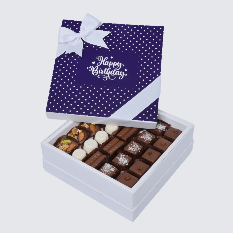 "HAPPY BIRTHDAY" NAVY BLUE POLKA DOT DESIGNED PREMIUM CHOCOLATE HARD BOX