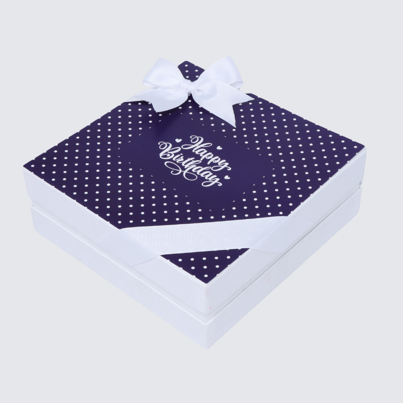 "HAPPY BIRTHDAY" NAVY BLUE POLKA DOT DESIGNED 2-LAYER CHOCOLATE HARD BOX