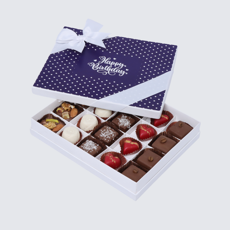 "HAPPY BIRTHDAY" NAVY BLUE POLKA DOT DESIGNED 20-PIECE CHOCOLATE HARD BOX