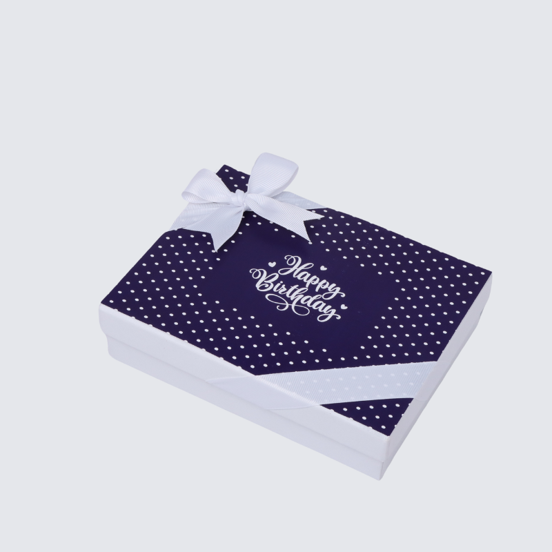 "HAPPY BIRTHDAY" NAVY BLUE POLKA DOT DESIGNED 20-PIECE CHOCOLATE HARD BOX