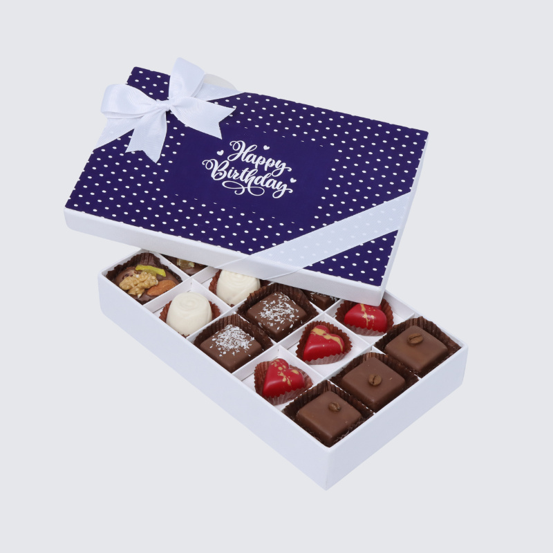 "HAPPY BIRTHDAY" NAVY BLUE POLKA DOT DESIGNED 15-PIECE CHOCOLATE HARD BOX