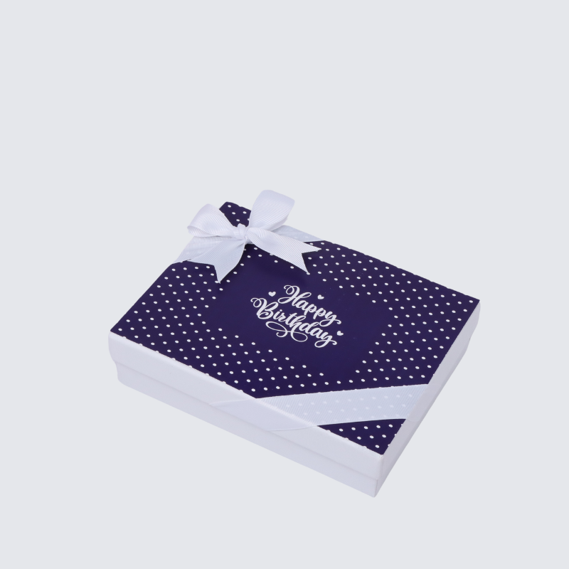 "HAPPY BIRTHDAY" NAVY BLUE POLKA DOT DESIGNED 12-PIECE CHOCOLATE HARD BOX