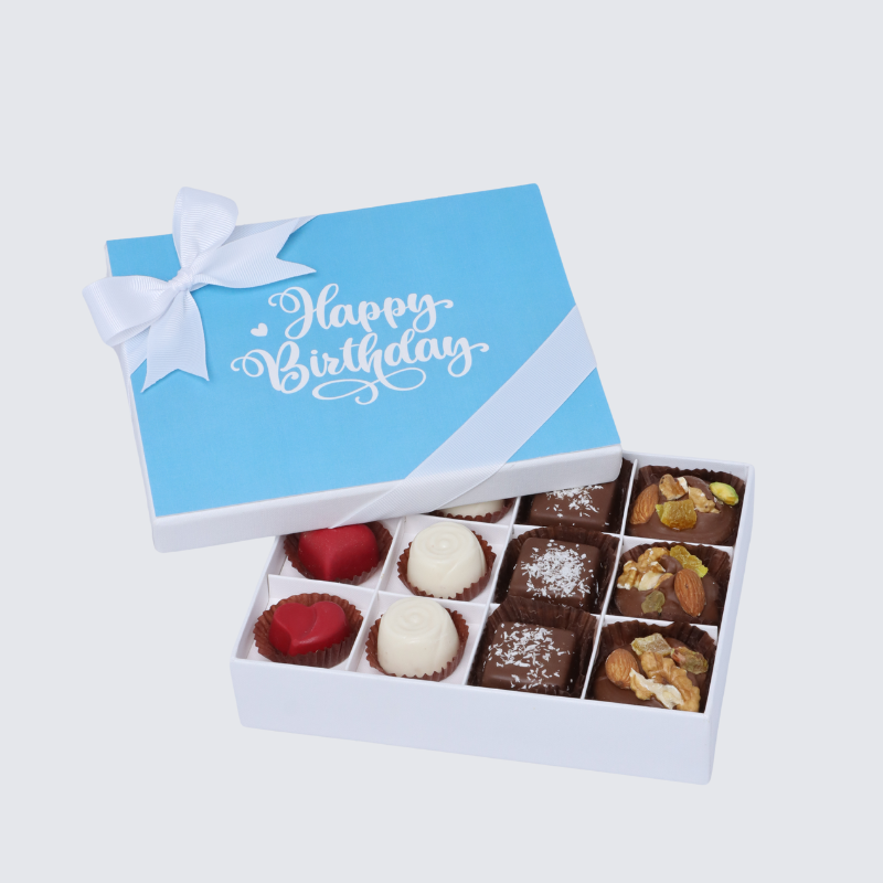 "HAPPY BIRTHDAY" BLUE DESIGNED 12-PIECE CHOCOLATE HARD BOX