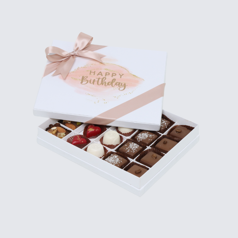 "HAPPY BIRTHDAY" STAIN TAUPE DESIGNED 20-PIECE CHOCOLATE HARD BOX