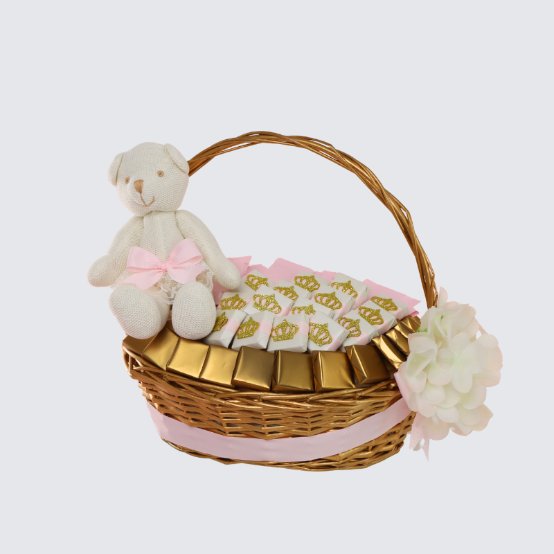 TEDDY BEAR CROWN BABY GIRL CHOCOLATE LARGE BASKET