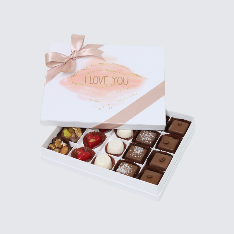 "I LOVE YOU" STAINED TAUPE DESIGNED 20-PIECE CHOCOLATE HARD BOX