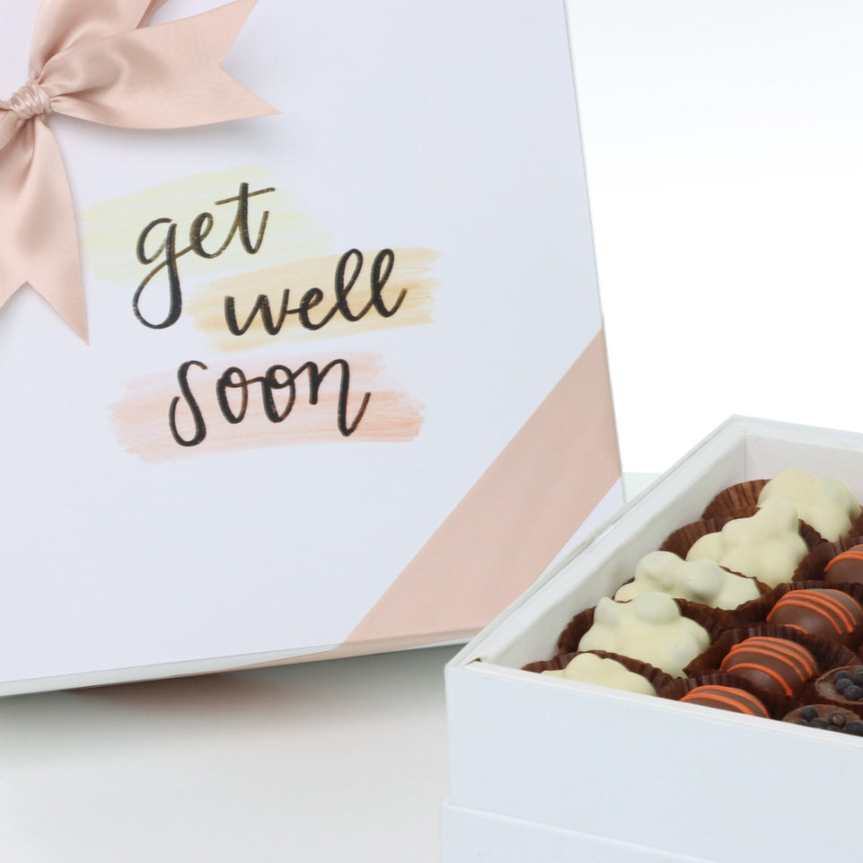 "GET WELL SOON" STAIN DESIGNED 25-PIECE CHOCOLATE HARD BOX