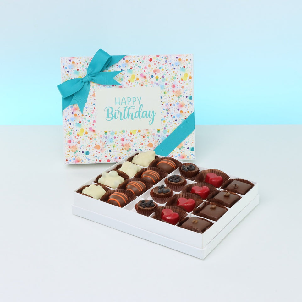 " HAPPY BIRTHDAY " PAINT SPLASH DESIGNED 20-PIECE CHOCOLATE HARD BOX