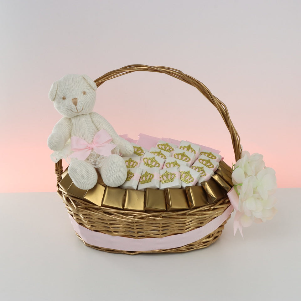 TEDDY BEAR CROWN BABY GIRL CHOCOLATE LARGE BASKET