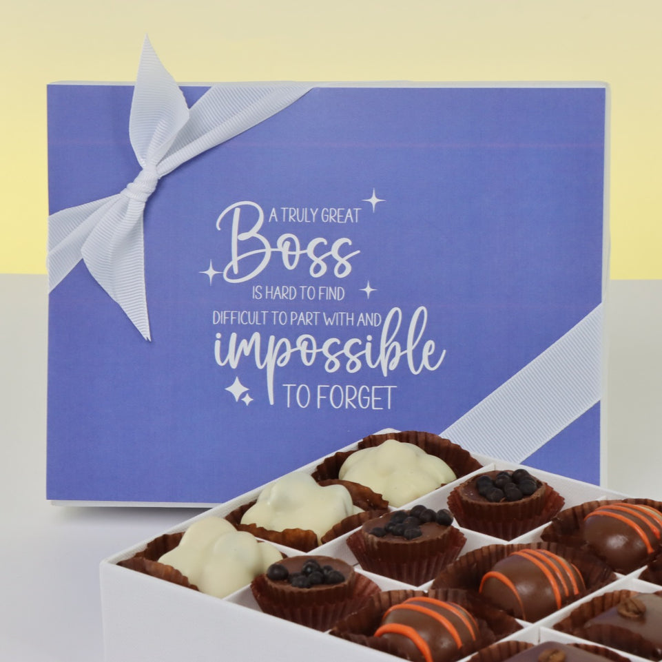 "MESSAGE TO BOSS" RETIREMENT DESIGNED 12-PIECE CHOCOLATE HARD BOX