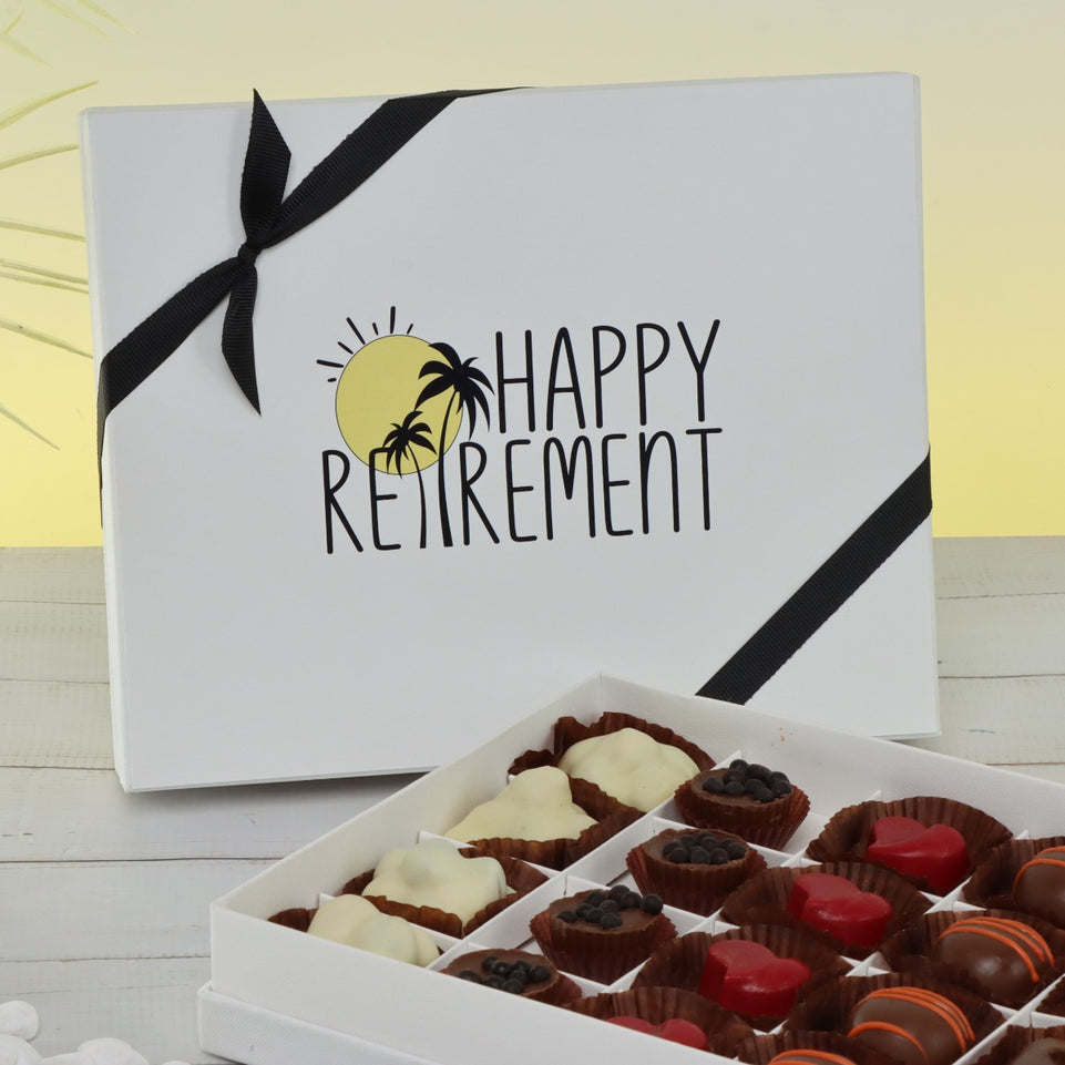 "HAPPY RETIREMENT" DESIGNED 20-PIECE CHOCOLATE HARD BOX