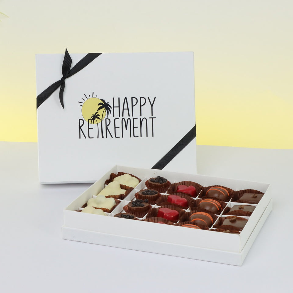 "HAPPY RETIREMENT" DESIGNED 20-PIECE CHOCOLATE HARD BOX