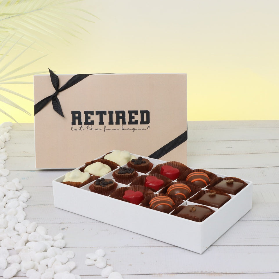 "LET THE FUN BEGIN" RETIREMENT 20-PIECE CHOCOLATE HARD BOX