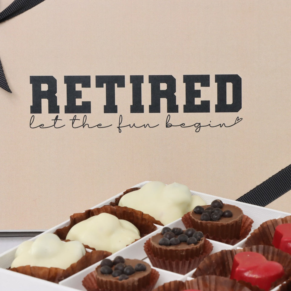 "LET THE FUN BEGIN" RETIREMENT 20-PIECE CHOCOLATE HARD BOX