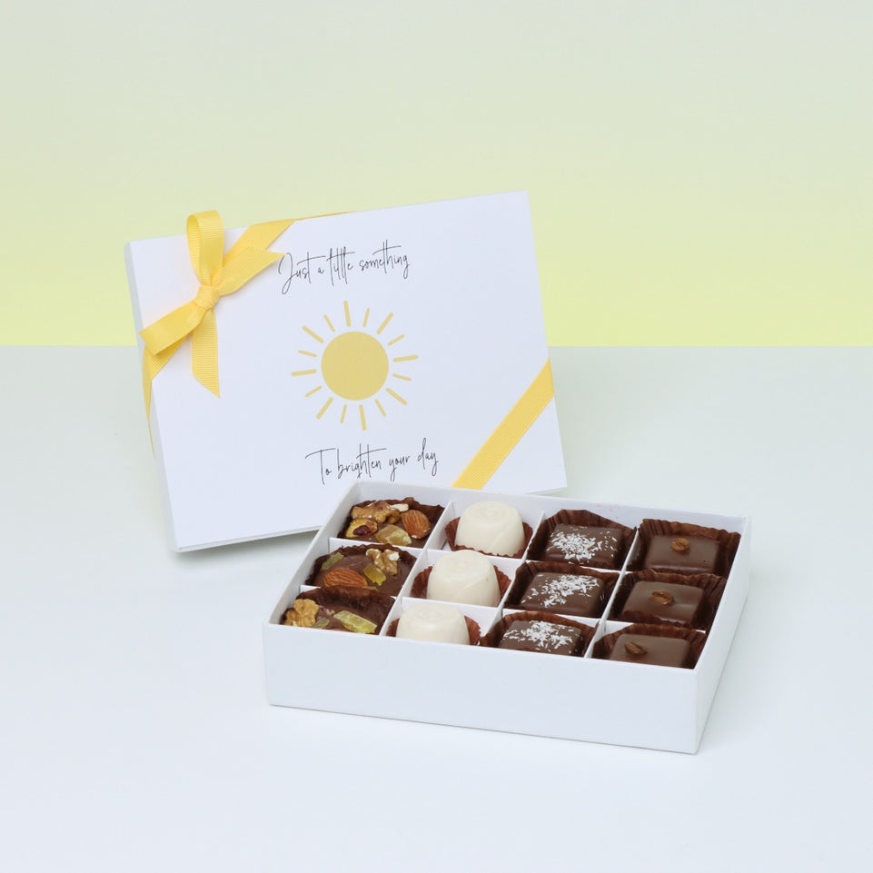 "BRIGHTEN YOUR DAY" SUN DESIGNED CHOCOLATE 12-PIECE CHOCOLATE HARD BOX