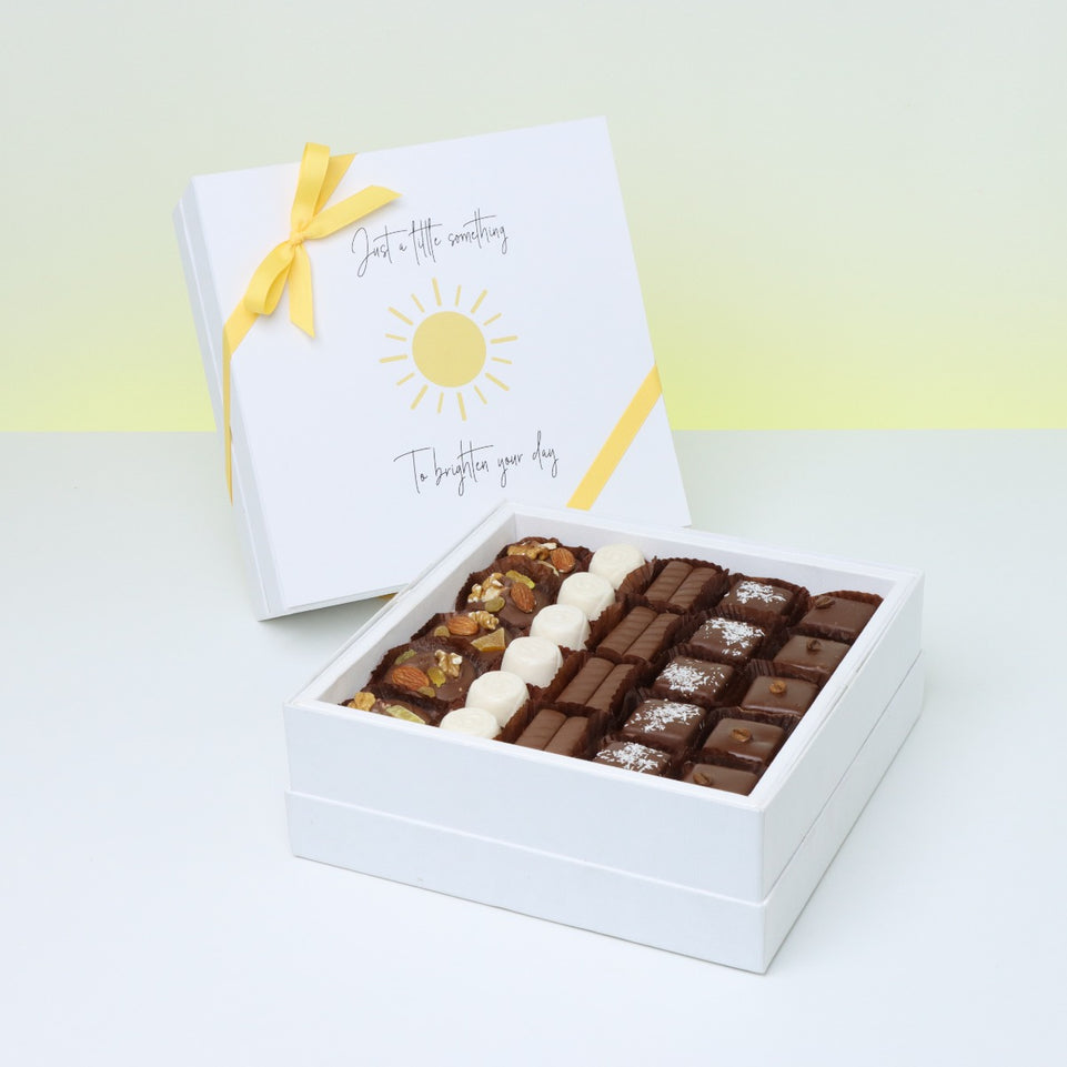 "BRIGHTEN YOUR DAY" SUN STREAK DESIGNED CHOCOLATE 25-PIECE CHOCOLATE HARD BOX