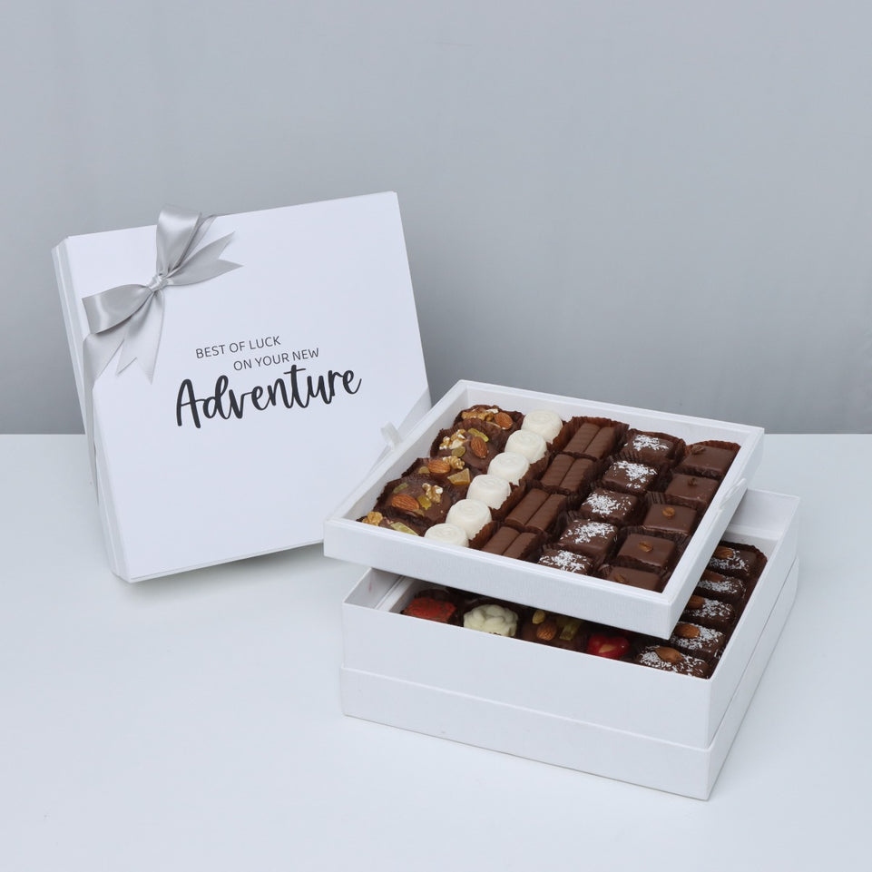 "GOOD LUCK ON YOUR NEW ADVENTURE" 2-LAYER CHOCOLATE HARD BOX