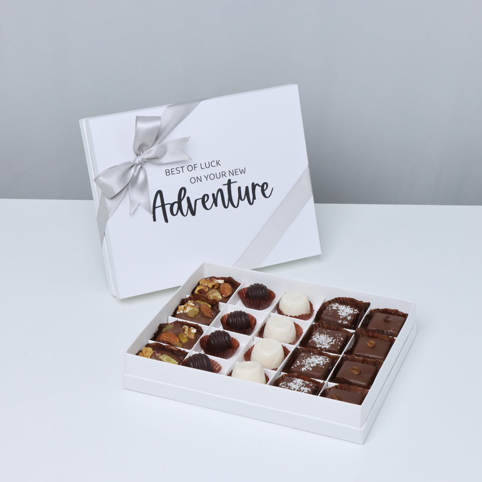 "GOOD LUCK ON YOUR NEW ADVENTURE"  20-PIECE CHOCOLATE HARD BOX