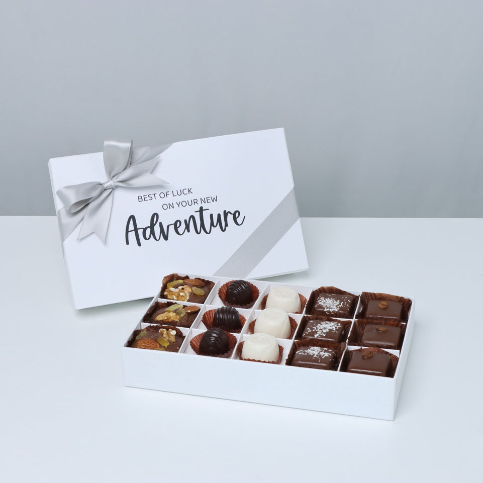 "GOOD LUCK ON YOUR NEW ADVENTURE" 15-PIECE CHOCOLATE HARD BOX