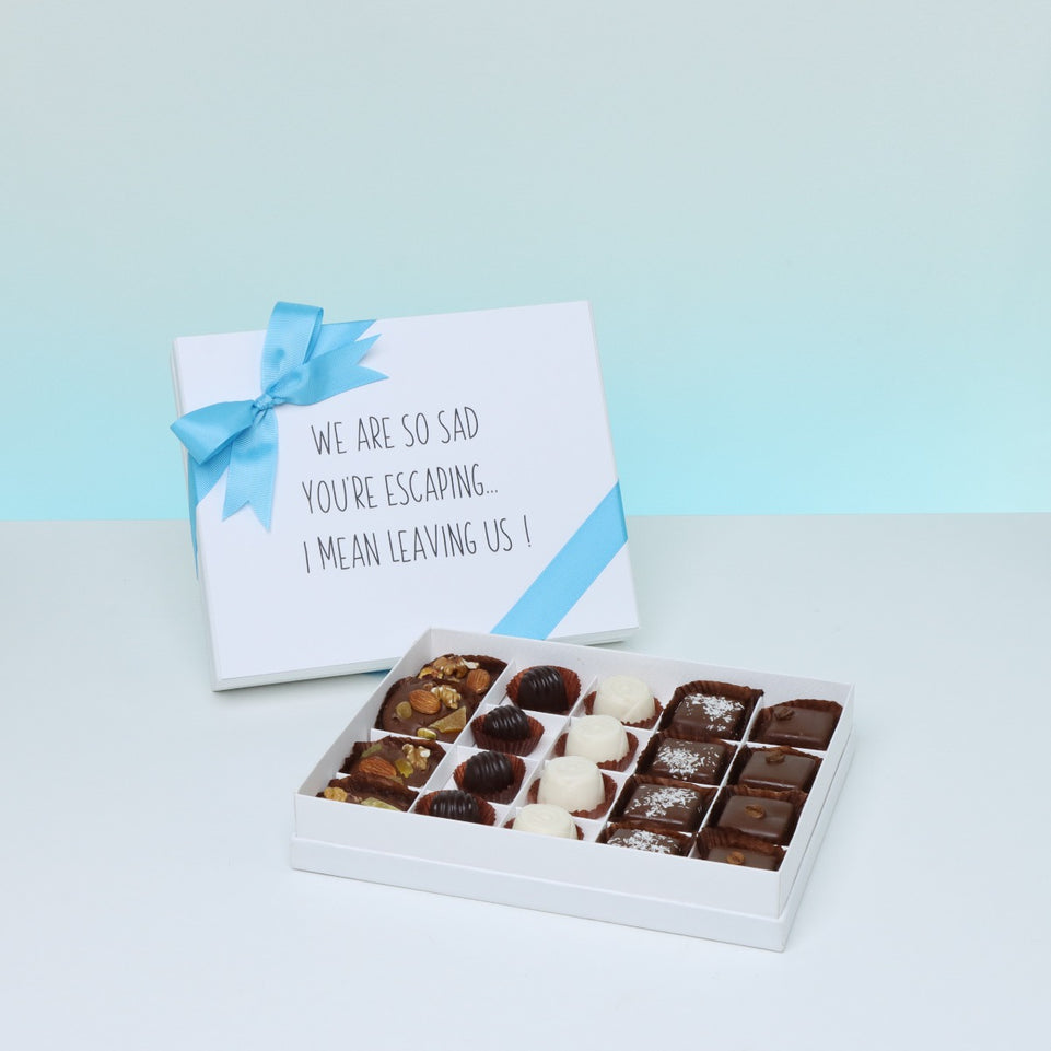 " WE'RE SO SAD YOU'RE ESCAPING" WORK MESSAGE 20 - PIECE CHOCOLATE HARD BOX