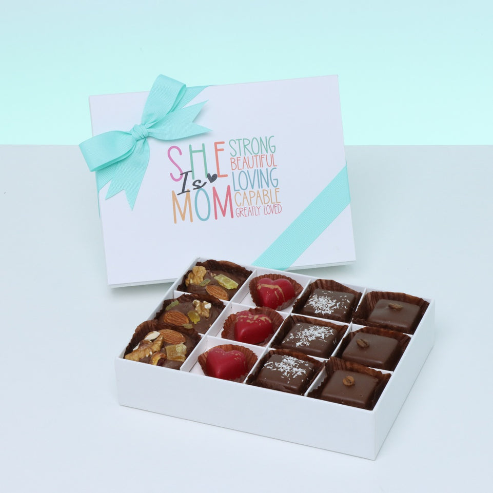 "SHE IS MOM" DESIGNED 12-PIECE CHOCOLATE HARD BOX