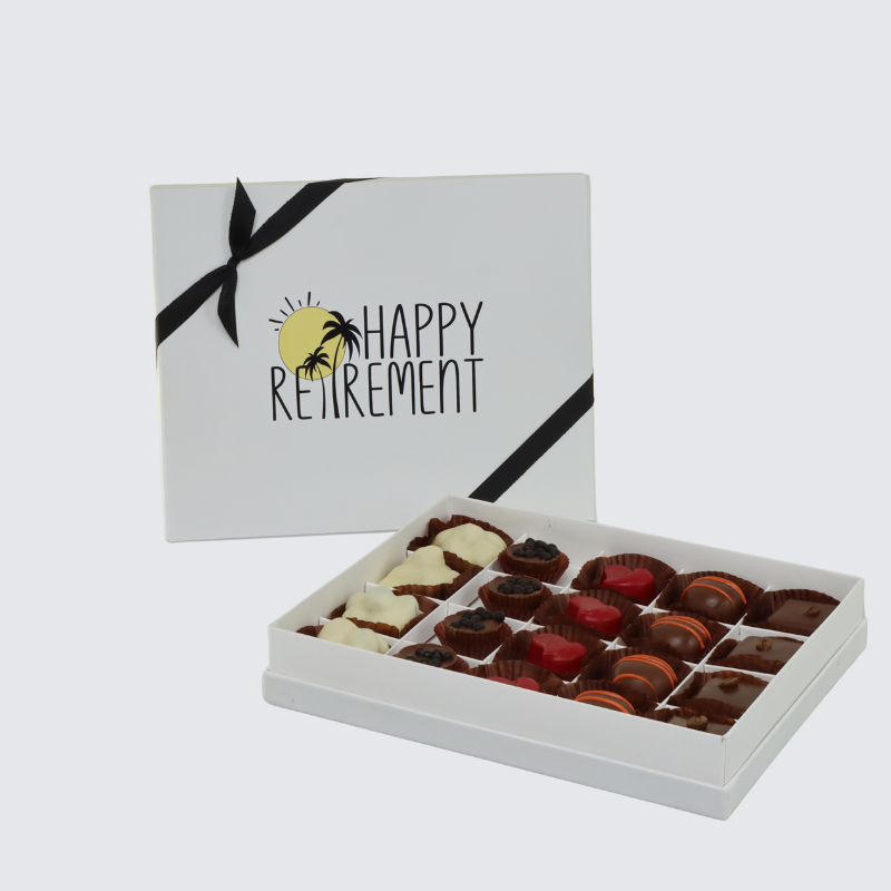 "HAPPY RETIREMENT" DESIGNED 20-PIECE CHOCOLATE HARD BOX