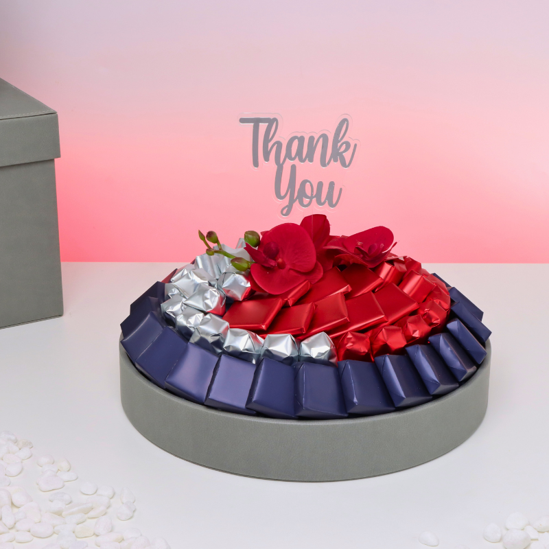 THANK YOU ORCHID DECORATED CHOCOLATE LEATHER ROUND TRAY