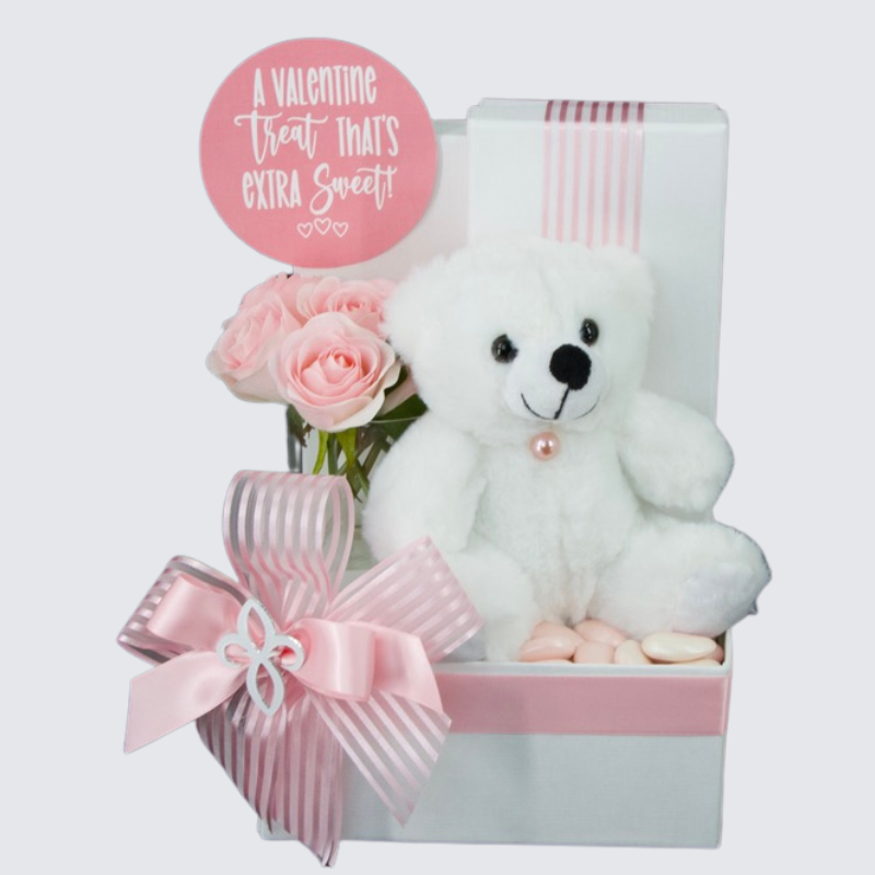 VALENTINE'S DECORATED FLOWER , TEDDY AND CHOCOLATE HAMPER